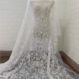 White heavy Sequin beaded Lace Fabric, Beading lace Bridal Wedding Dress, Rayon Embroidery Tulle flower Guipure Geometric fabric by the yard