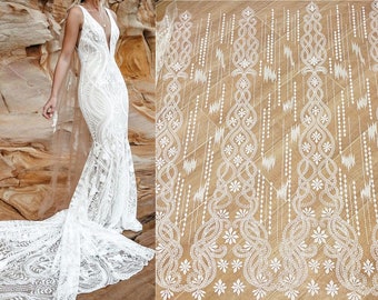 Bohemian Boho White Ivory Lace Fabric, Guipure lace material, Bridal Wedding Dress, Cotton Embroidery Alencon Tulle flower lace with sequin
