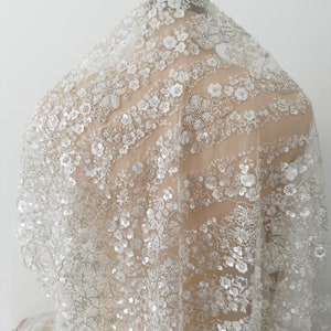 Ivory heavy Sequin beaded Lace Fabric, Stripe lace for Couture Bridal Wedding Dress, Embroidery Tulle flower applique fabric by the yard