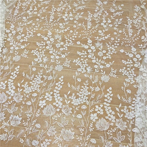 Boho Ivory Embroidery floral Lace Fabric Bridal sequin Lace material Wedding Dress Soft Tulle Rayon Mesh leaves flower lace by the yard