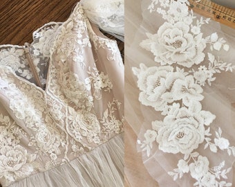 Ivory White Embroidery flower mirrored Lace Fabric, lace applique Veil material piece, Wedding Dress Lace trim, Guipure lace Bodice 2PCS