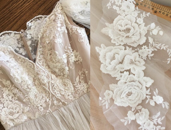 Ivory White Embroidery flower mirrored Lace Fabric, lace applique Veil material piece, Wedding Dress Lace trim, Guipure lace Bodice 2PCS