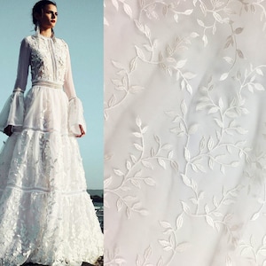 White Ivory Leaf Leaves Lace Fabric, Boho Bridal Floral Lace for Wedding Dress, Soft Embroidery Cotton mesh flower lace by the yard