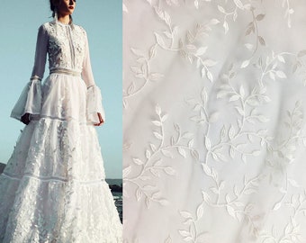 White Ivory Leaf Leaves Lace Fabric, Boho Bridal Floral Lace for Wedding Dress, Soft Embroidery Cotton mesh flower lace by the yard