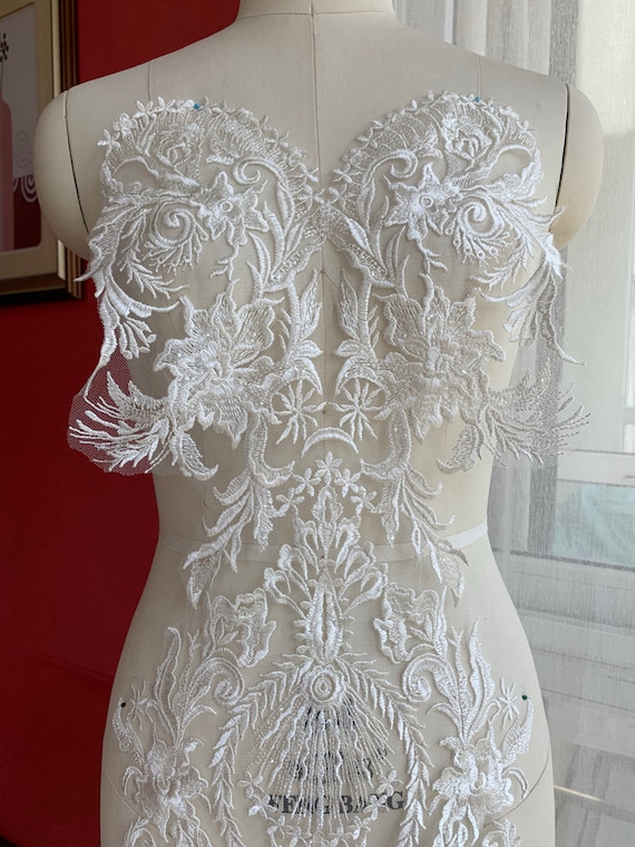 Sequin Ivory Embroidery Lace Fabric, Guipure lace bodice piece material, Wedding Dress Evening Gown Lace trim, flower motif Applique lace Sequin Ivory Embroidery Lace Fabric, Guipure lace bodice piece material, Wedding Dress Evening Gown Lace trim, flower motif Applique lace