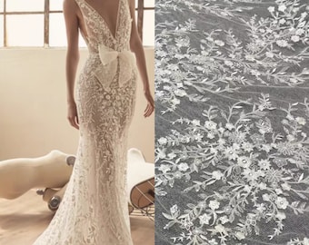 Tela de encaje con cuentas de lentejuelas y flores de marfil blanco, aplique de encaje para vestido de novia, encaje floral con bordado de rosas y hojas de rayón cortado a medida