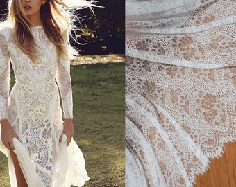 Boho Bohemian White Ivory Lace Fabric, Soft Floral French lace, Bridal Wedding Dress , 3 yards Soft Eyelash Chantilly Cotton flower lace