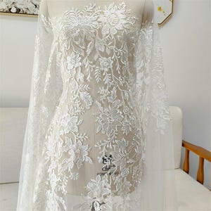 Embroidery Flower Lace Fabric, Bridal Ivory White Wedding Dress Lace Applique, Floral Mesh Tulle Veil Sequin Lace by the yards