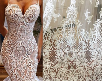Tela de encaje de alta costura gemotrica con lentejuelas transparentes, vestido de novia vestido de novia tela de encaje de flores de bordado de marfil, encaje festoneado de velo floral