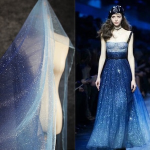 Tela de tul con purpurina azul, tela para vestido de novia, tela para vestido de noche, tul con estrellas con purpurina suave y brillante, tela con degradado brillante cortada a medida