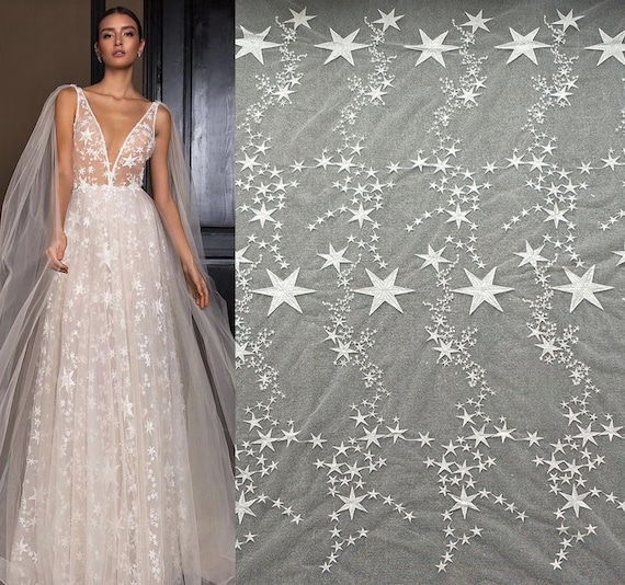 Star Embroidery Lace Fabric, Soft Ivory White Veil Applique