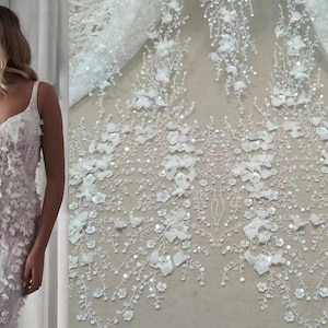 3D Pailletten Perlen Blumenspitze Stoff, Couture-Spitze für Brauthochzeitskleid, Stickerei Tüll Schleier Blumenapplikation Stoff Schüttgut