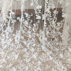 3D Ivory Sequin beading flower Lace Fabric, Couture lace for Bridal Wedding Dress, Embroidery Tulle Veil floral applique fabric by the yard image 9