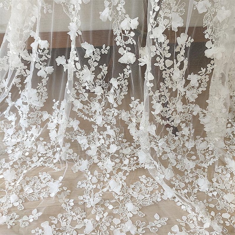 3D Ivory Sequin beading flower Lace Fabric, Couture lace for Bridal Wedding Dress, Embroidery Tulle Veil floral applique fabric by the yard image 9