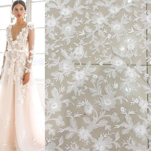 3D ivory white bridal lace fabric, Floral flower pearl organza Lace Veil , Bride Wedding Dress, Soft Embroidery Tulle lace by the yard