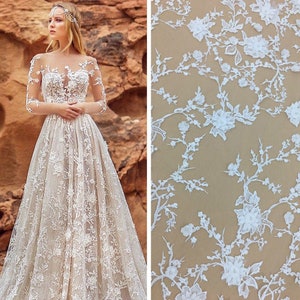 3D Lace Fabric Beaded Fabric, Ivory White Embroidery Flower Lace Fabric, DIY Tulle Lace Fabric material, Wedding Bridal Lace