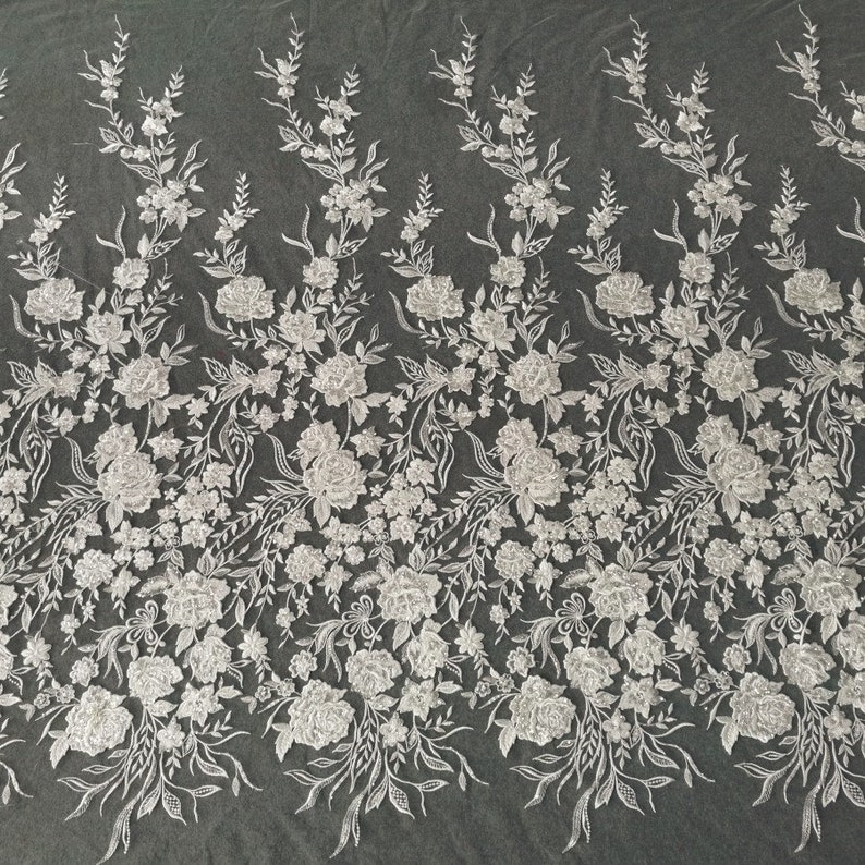 3D Embroidery Flower Lace Fabric, Bridal Ivory White Wedding Dress Lace Applique, Floral Venice Mesh Tulle Veil Sequin Lace by the yards image 2