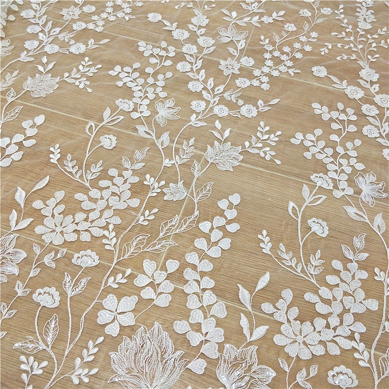 Boho Ivory Embroidery floral Lace Fabric Bridal sequin Lace material Wedding Dress Soft Tulle Rayon Mesh leaves flower lace by the yard image 4