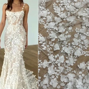 3D Embroidery Flower Lace Fabric, White Sequin Lace Fabric for Bridal Wedding Dress Gown , Floral Tulle Lace Fabric by the yard