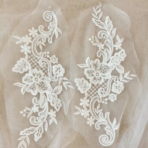 Pair of lace applique piece with beaded, Bridal Wedding dress Veil applique, Ivory White Embroidery beading lace fabric, Lace Bodice Motif