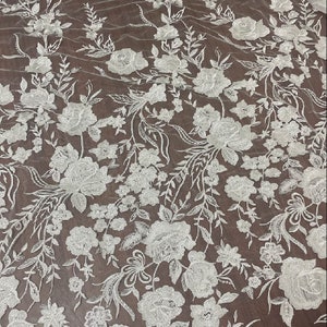 3D Embroidery Flower Lace Fabric, Bridal Ivory White Wedding Dress Lace Applique, Floral Venice Mesh Tulle Veil Sequin Lace by the yards image 8