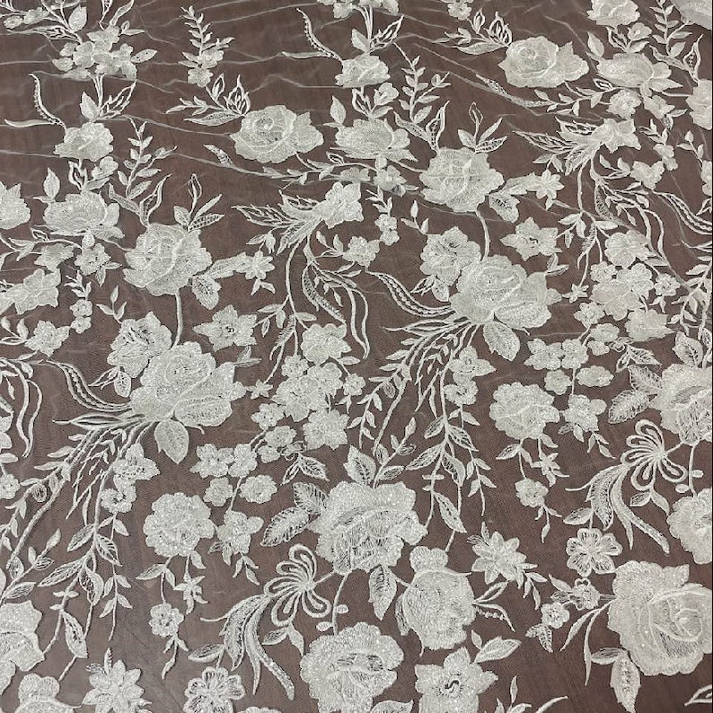 3D Embroidery Flower Lace Fabric, Bridal Ivory White Wedding Dress Lace Applique, Floral Venice Mesh Tulle Veil Sequin Lace by the yards image 8