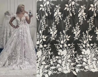 Ivory White Flower Lace Fabric, Soft Floral Lace for Wedding Dress Gown Veil, Embroidery Applique Tulle Fabric by the yard