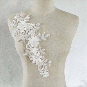 Pair of 3D flower lace applique piece, Bridal Wedding dress lace applique, Ivory White Embroidery lace fabric, Veil Lace Bodice