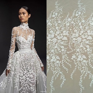 3D Embroidery Flower Lace Fabric, Off White Sequin Lace Fabric for Bridal Couture Wedding Dress Gown, Floral Tulle Lace Fabric by the yard