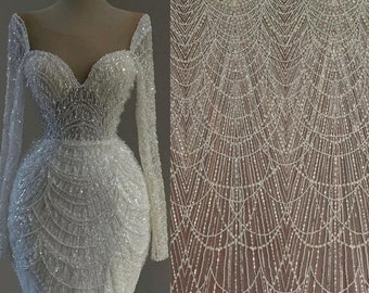 Luxury Sequin Beaded Embroidery Lace Fabric,Bridal Dress Lace Fabric,Geometric Lace,Wedding Dress Lace, Scalloped Couture Lace By the Yard