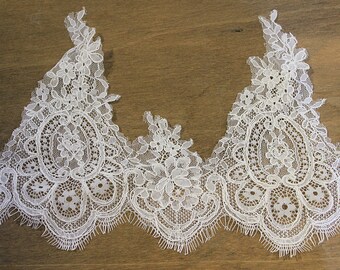 White Lace Fabric, Romantic Floral Scalloped material, Wedding Dress Gown Lace trim, 3M Alencon Corded flower lace, Embroidery veil