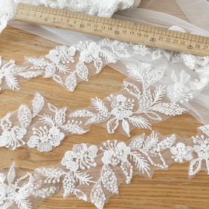 Ivory beaded lace trim, Wedding Dress Veil Applique, Bridal wedding belt sash strap headband  headpiece trimming