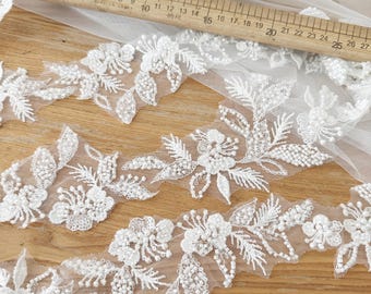 Ivory beaded lace trim, Wedding Dress Veil Applique, Bridal wedding belt sash strap headband  headpiece trimming