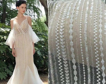 White Ivory Lace Fabric, Guipure Alencon lace material, Wedding Dress Evening Gown, Stripe Embroidery Tulle flower lace with beaded sequin