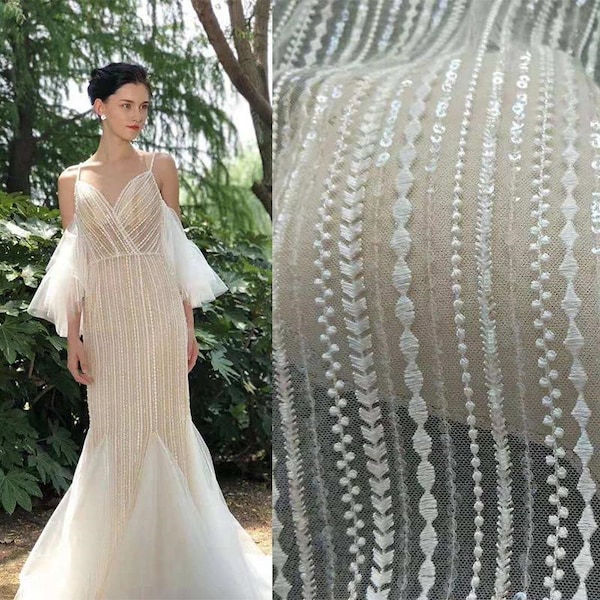 White Ivory Lace Fabric, Guipure Alencon lace material, Wedding Dress Evening Gown, Stripe Embroidery Tulle flower lace with beaded sequin