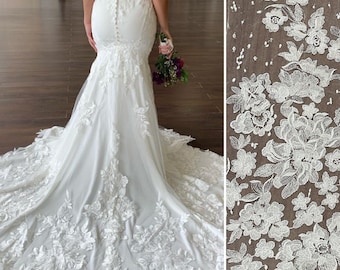 Ivoor witte kant stof met pailletten, Bruids Trouwjurk Borduurwerk Mesh kant, Bloemen Guipure Tule Rayon kant stof op maat gesneden