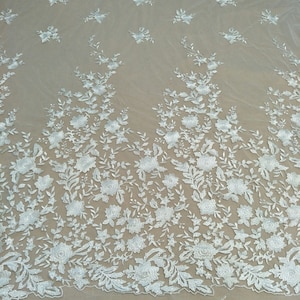 Ivory floral Lace Fabric, Soft leaf lace for Bridal Wedding Dress Veil, leaves Embroidery Tulle flower sequin lace by the yard