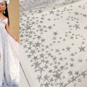 Silver Star Glitter Fabric, Soft Ivory White Tulle, Bridal Bridesmaid Prom Evening Eedding Dress, Bling Sparkle lace, Fabric by the Yard