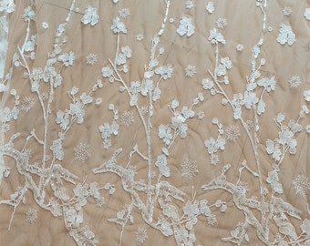 Boho Avorio Ricamo floreale Tessuto di pizzo Paillette da sposa Materiale di pizzo Abito da sposa Morbido tulle Rayon Maglia foglie di pizzo floreale tagliato a misura