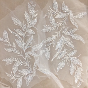 Pair of Ivory Embroidery Leaves Leaf Flower Lace Fabric, 3D Beaded Sequin applique material piece, Wedding Dress Lace trim, 2PCS Mesh Bodice