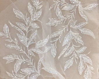 Par de telas de encaje con hojas y flores bordadas en marfil, apliques de lentejuelas con cuentas 3D, ribete de encaje para vestido de novia, corpiño de malla de 2 piezas