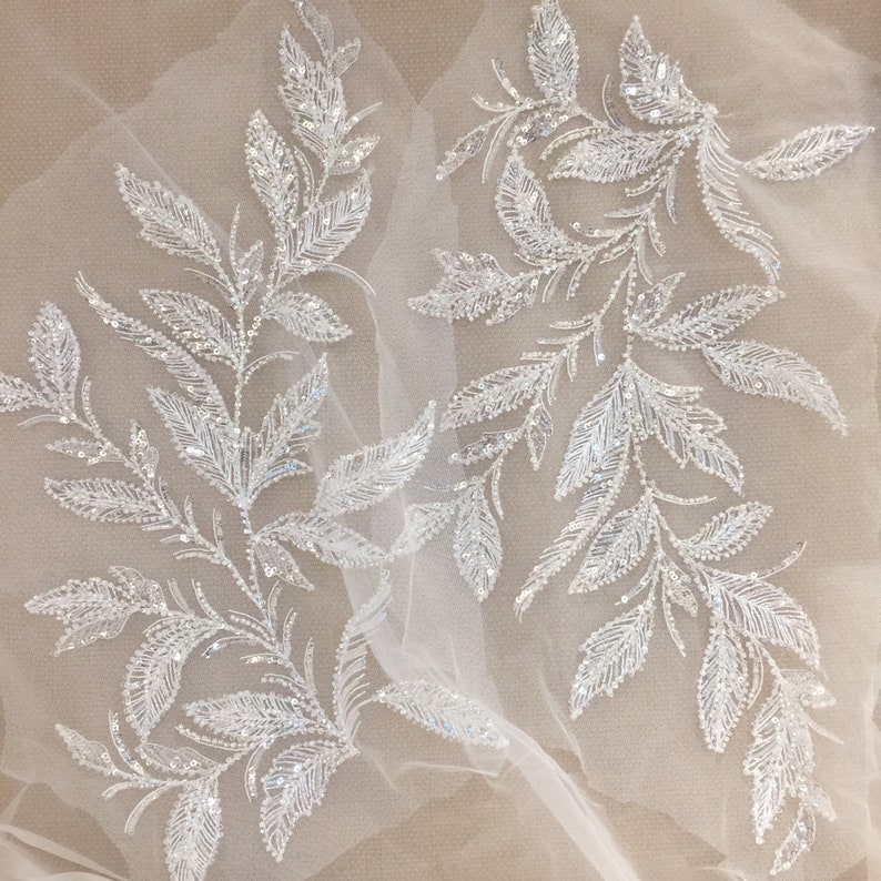 Pair of Ivory Embroidery Leaves Leaf Flower Lace Fabric, 3D Beaded Sequin applique material piece, Wedding Dress Lace trim, 2PCS Mesh Bodice 