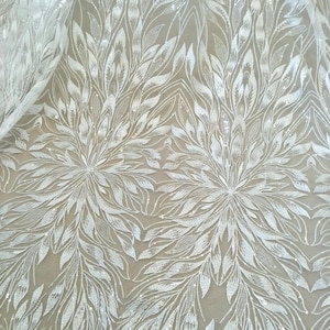 Soft Ivory Leaf Sequin Lace Fabric, Veil applique material, Bridal Wedding Dress Prom Gown, Leaves Embroidery flower floral lace by the yard