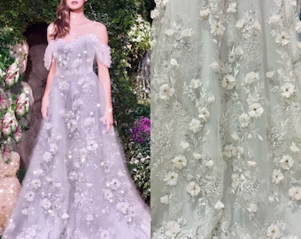 White Crystal beaded lace fabric with 3D flower, Embroidery lace for bridal wedding dress, Couture tulle floral lace fabric by the yard