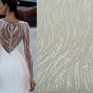 White Ivory heavy Sequin beaded Lace Fabric, Stripe Wave lace Bridal Wedding Dress, Embroidery Tulle flower applique fabric by the yard