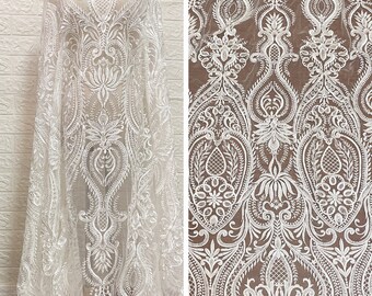 White Ivory Sequin Lace Fabric, Rayon Mesh lace material, Bridal Wedding Dress, Embroidery Tulle flower lace, Veil applique by the yard