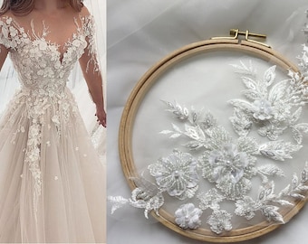 3D beaded White Embroidery Flower Lace Fabric, Motif Sequin applique material piece, Wedding Dress Evening Gown Lace trim, DIY Mesh Bodice