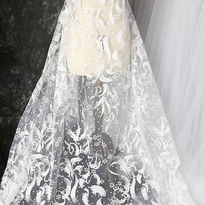 Glitter Lace flower Fabric, Soft Ivory White Sequin Tulle, Bridal Wedding Dress, Bling Sparkle lace, Veil Applique lace by the Yard