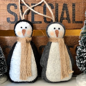 Felt Christmas Penguin Decorations - Handmade - Monty - Mabel - Primitive - Tree Decoration - Penguins - Ornament - Ornaments - Animal Bird