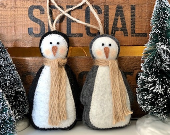 Felt Christmas Penguin Decorations - Handmade - Monty - Mabel - Primitive - Tree Decoration - Penguins - Ornament - Ornaments - Animal Bird